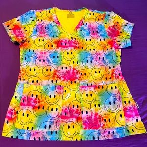 Tie Dye Smiley Face Scrub Top